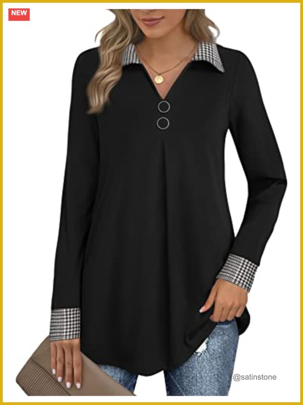 Women's Long Sleeve Lapel V-Neck Tunic Blouse with Buttons Loose Fit